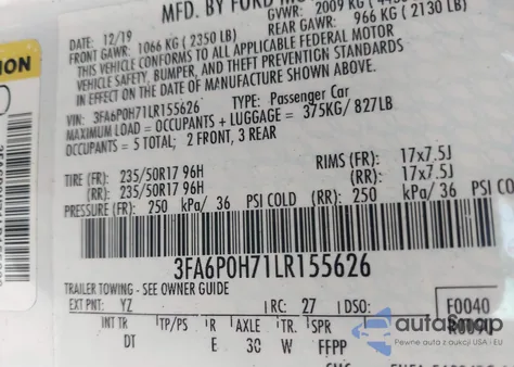 2020 Ford Fusion Se из США, поврежденный, VIN 3FA6P0H71LR155626